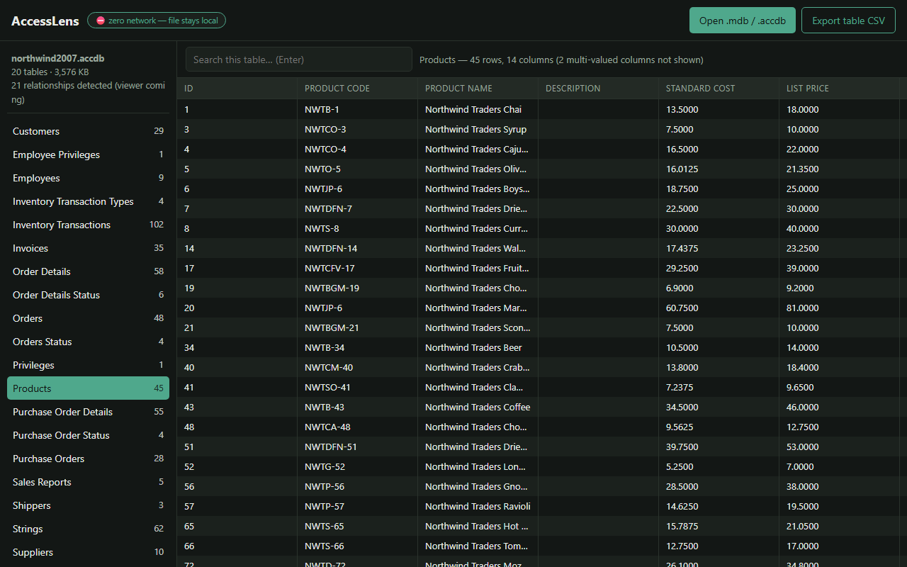 A modern .accdb database shown in dark mode